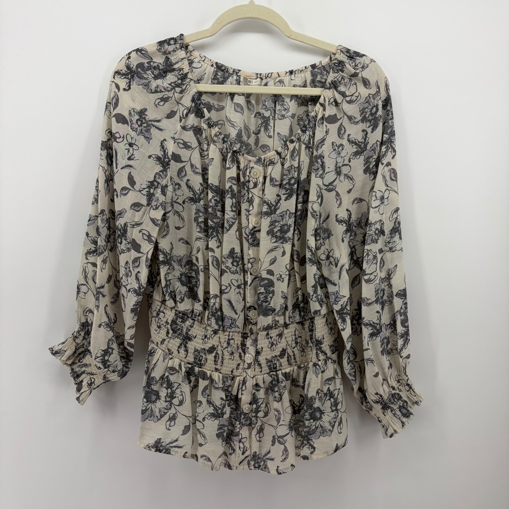Cato Womens XL Ivory Gray Floral Blouse Smocked Peplum Faux Button Front